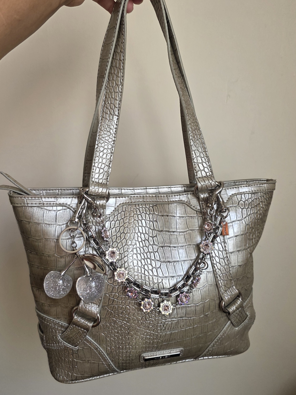 Nine West Metallic Silver Croc-Embossed Tote